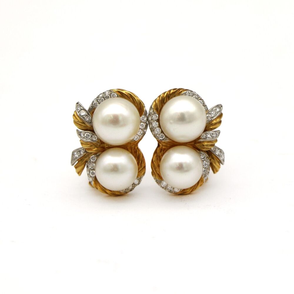 Verdura Vintage 14K Gold 2Tone Pearl Diamond Ribbon Earrings
